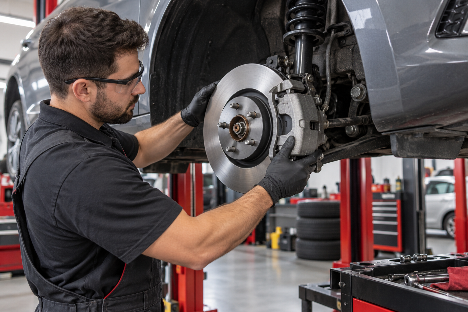 Mechanic performing brake rotor and caliper service on a raised vehicle