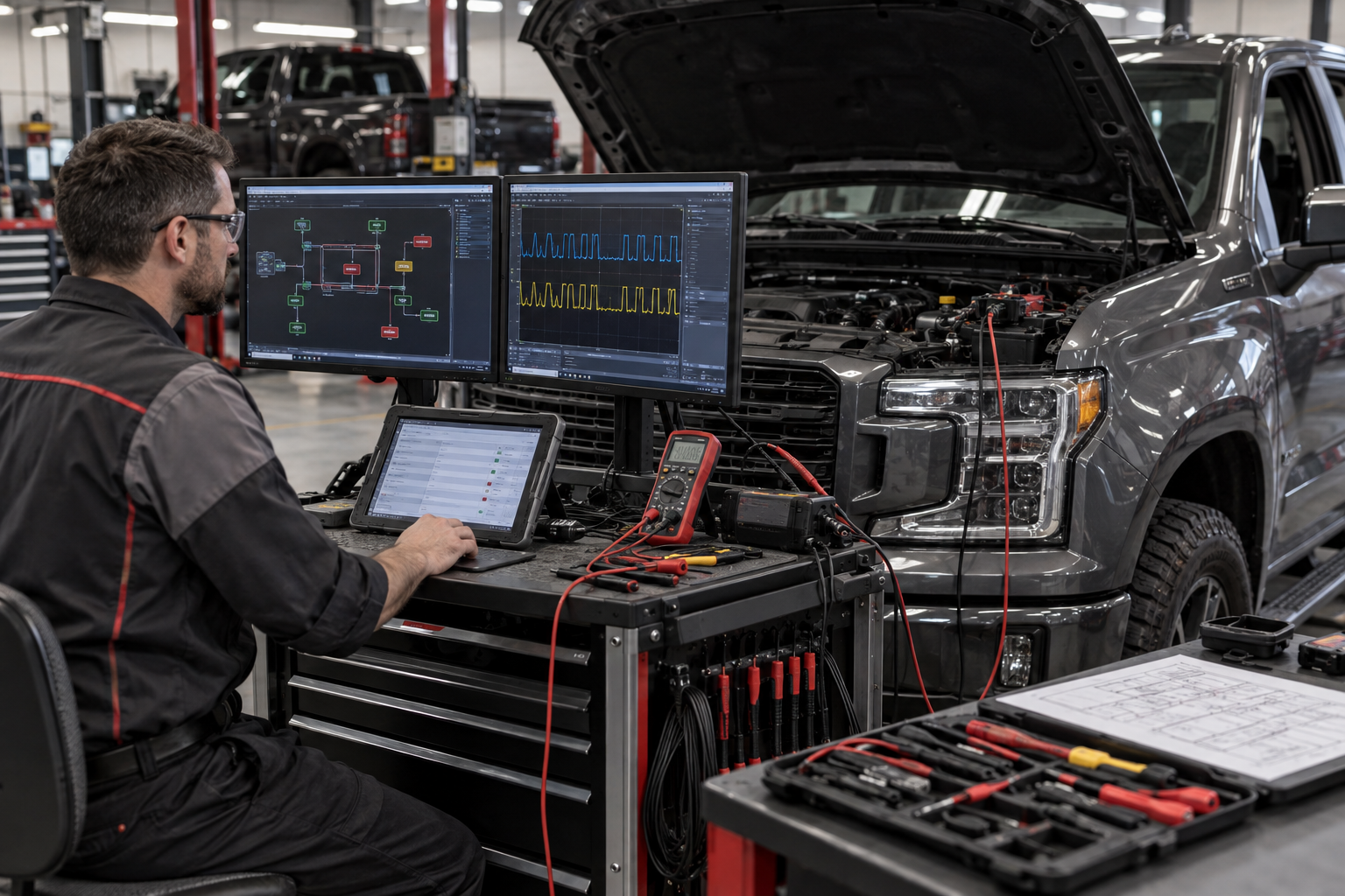 Technician testing a pickup truck CAN bus network with diagnostic monitors and electrical test equipment