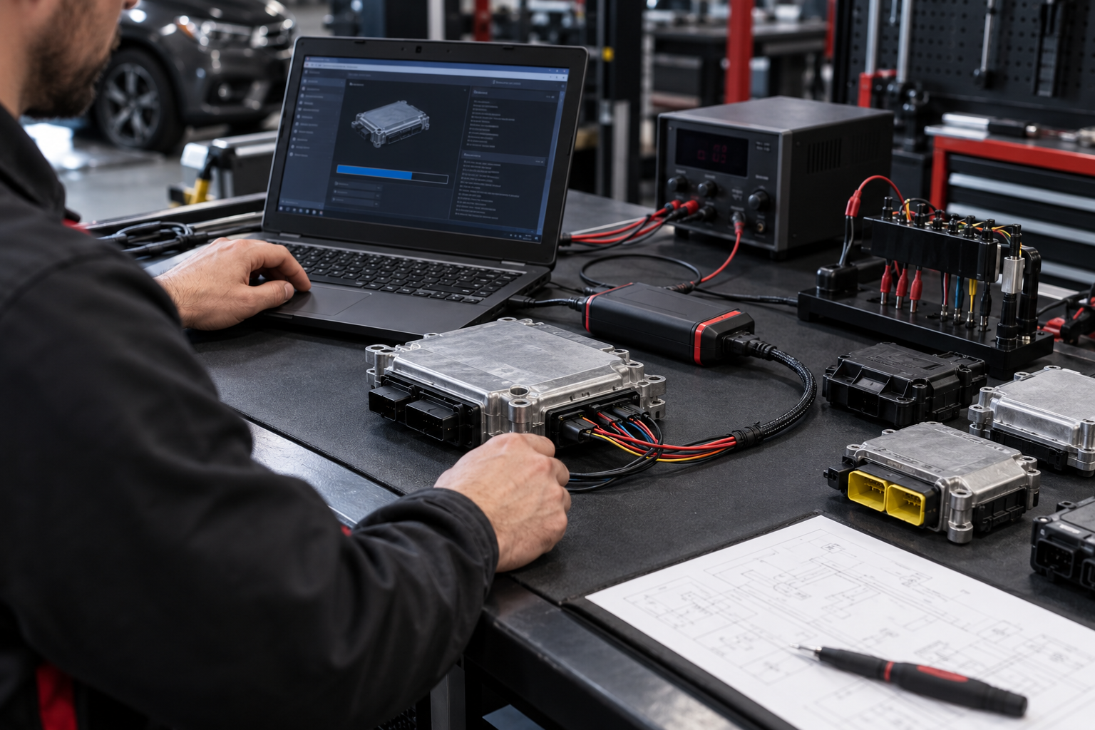 Automotive ECU bench programming with laptop, module interface and regulated power supply