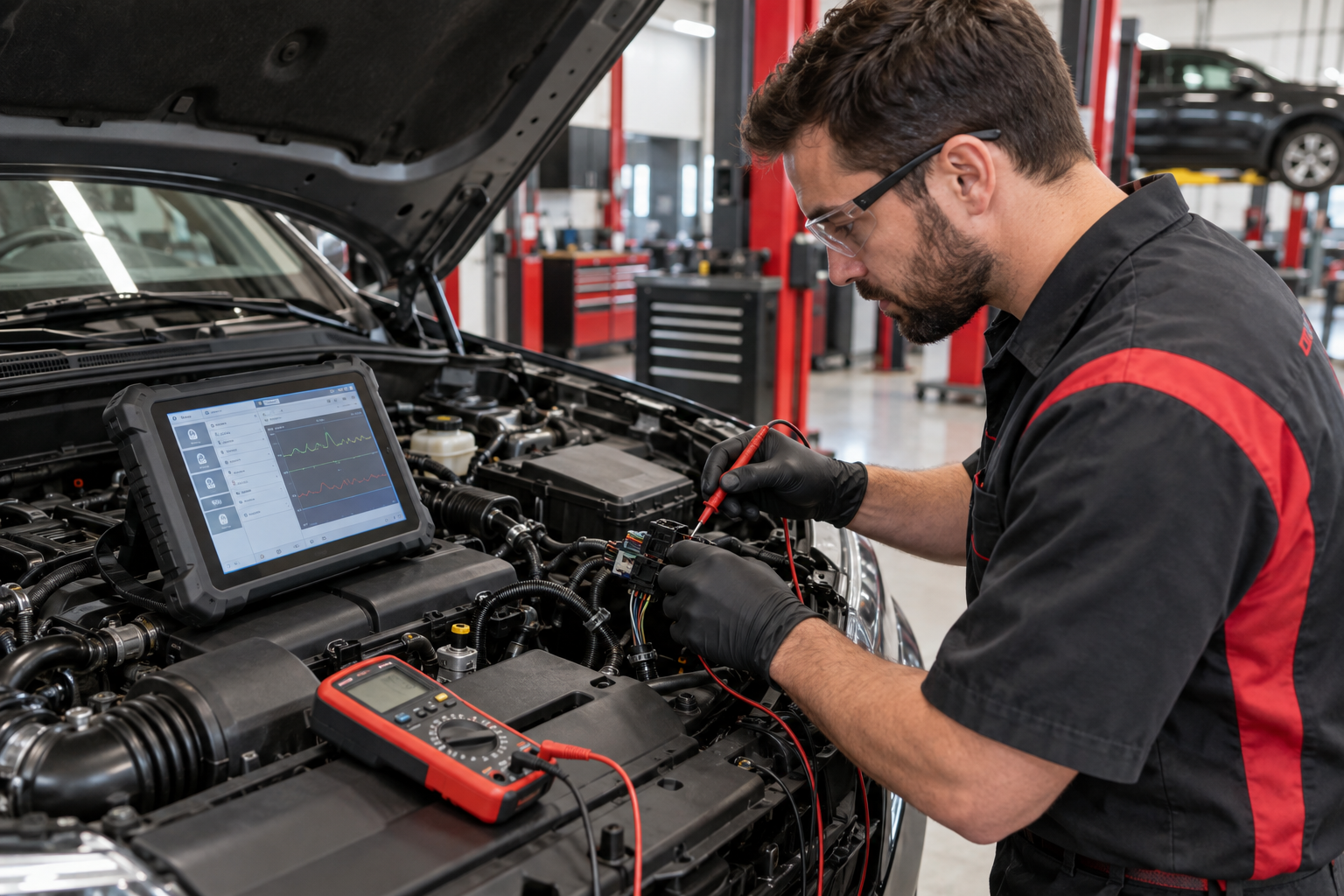 Technician using professional equipment to diagnose an automotive electrical problem