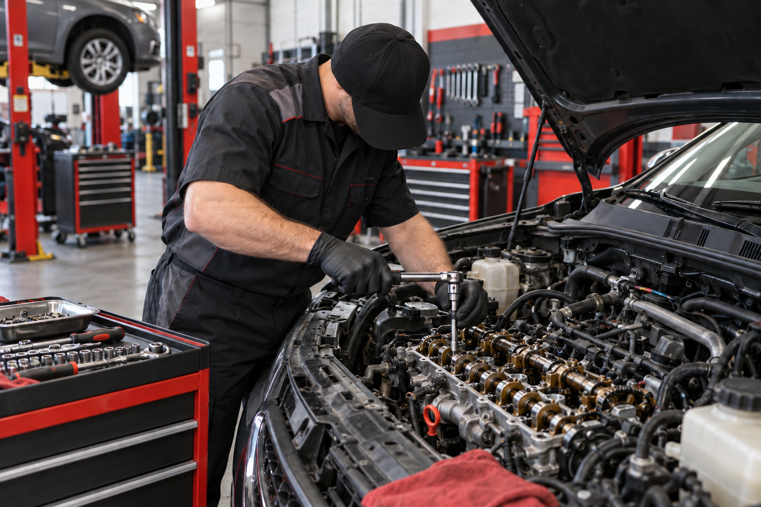 Mechanic performing engine repair in a professional automotive service bay