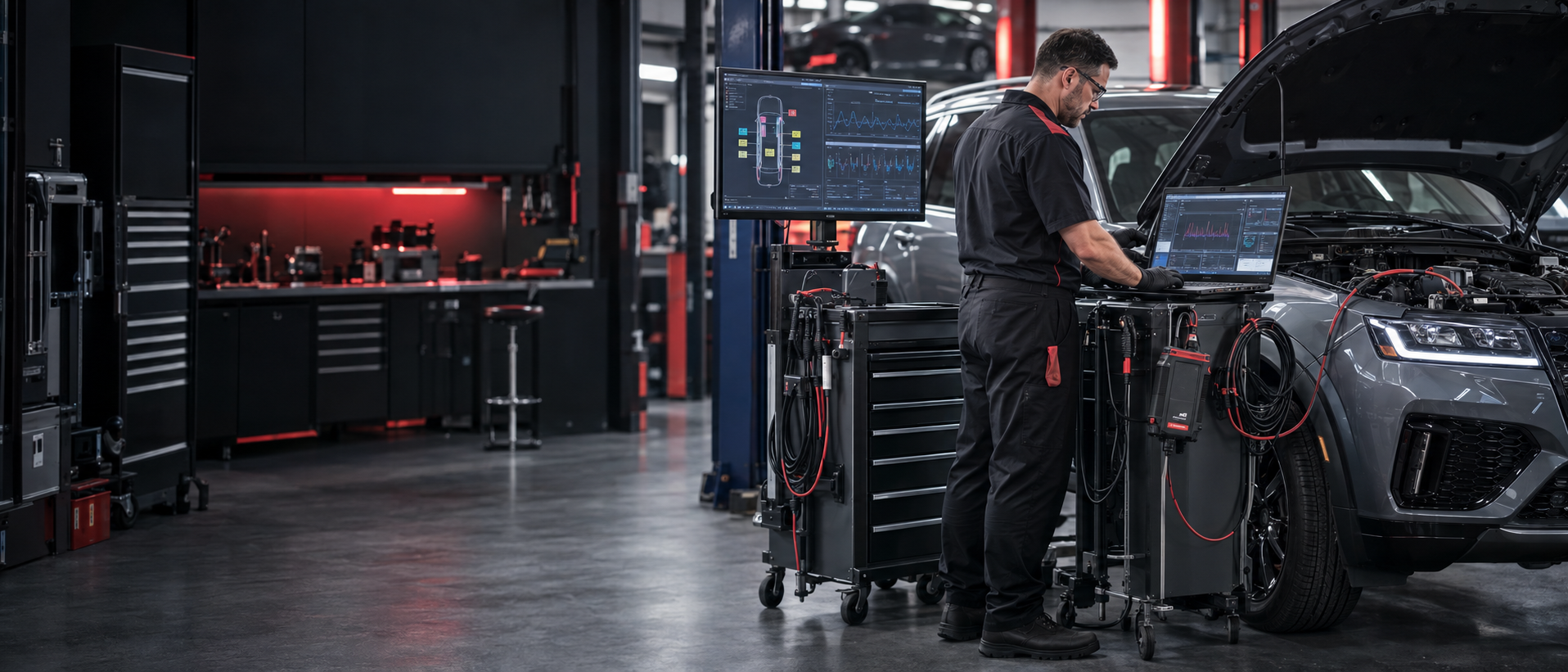 Technician using professional diagnostic monitors to program vehicle control modules