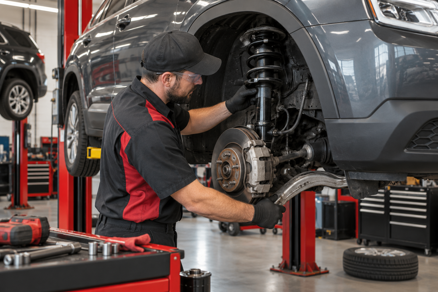 Mechanic inspecting suspension components on a modern SUV