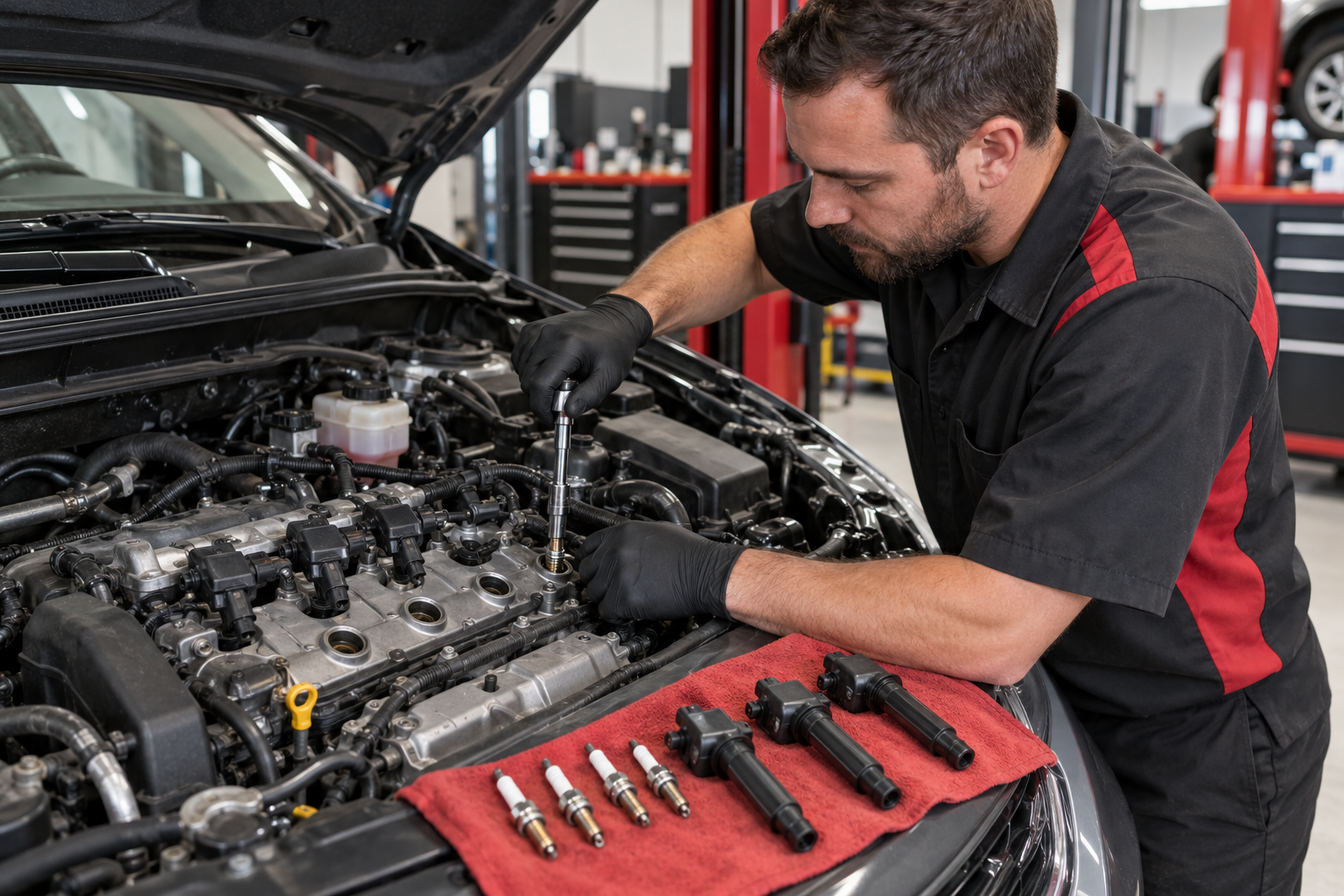 Mechanic replacing spark plugs and ignition coils during a vehicle tune-up