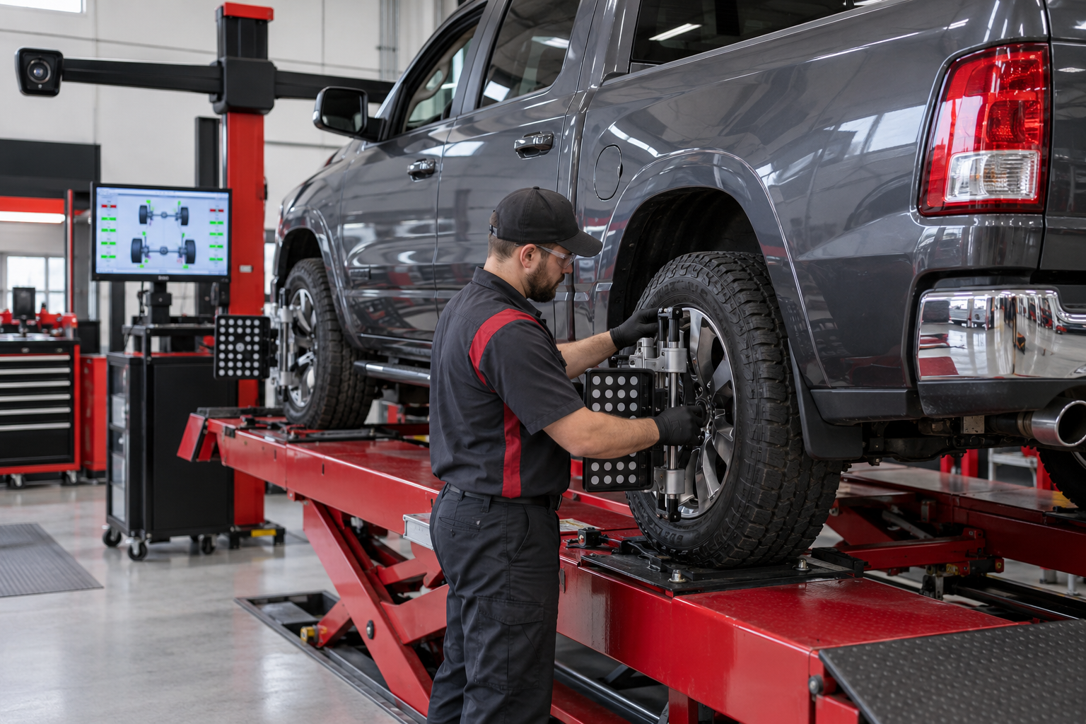 Technician performing a computerized four-wheel alignment on an SUV